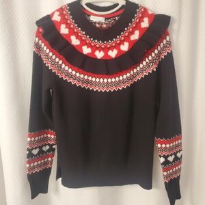 Charter Club Women's Cozy Ruffled Shoulder Heart Pattern Valentines Sweater Med
